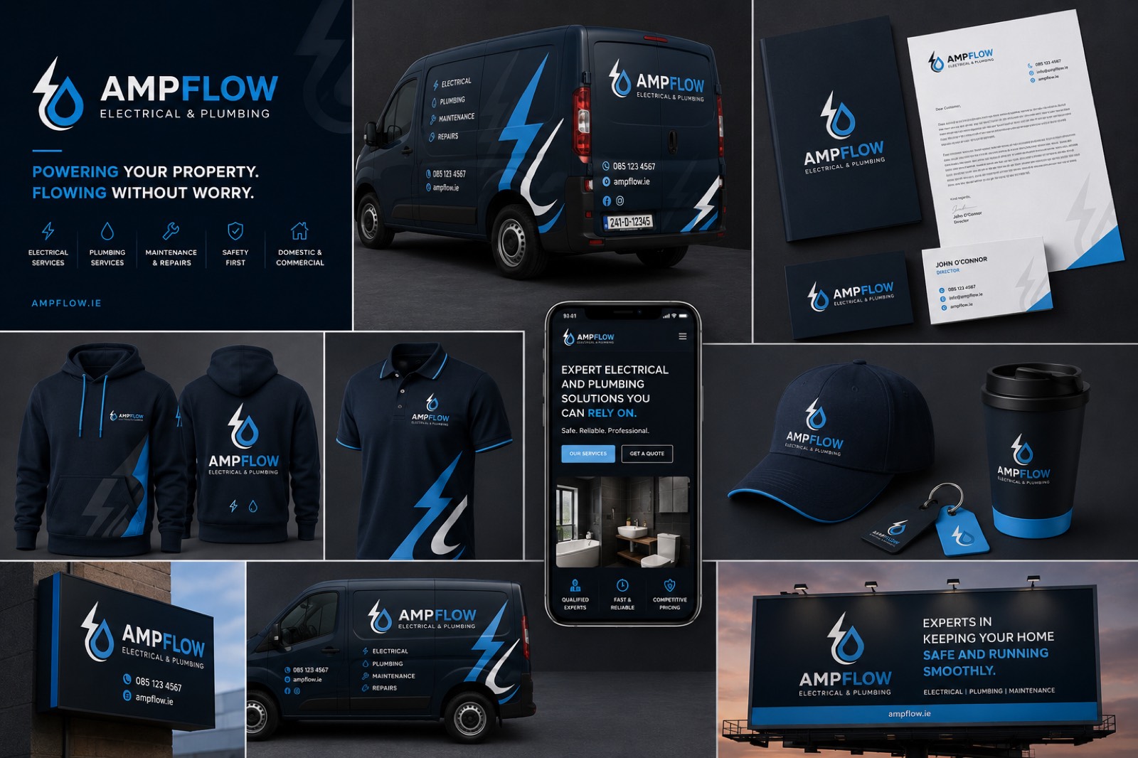 AmpFlow Electrical & Plumbing: complete brand system across workwear, print, social and vehicle
