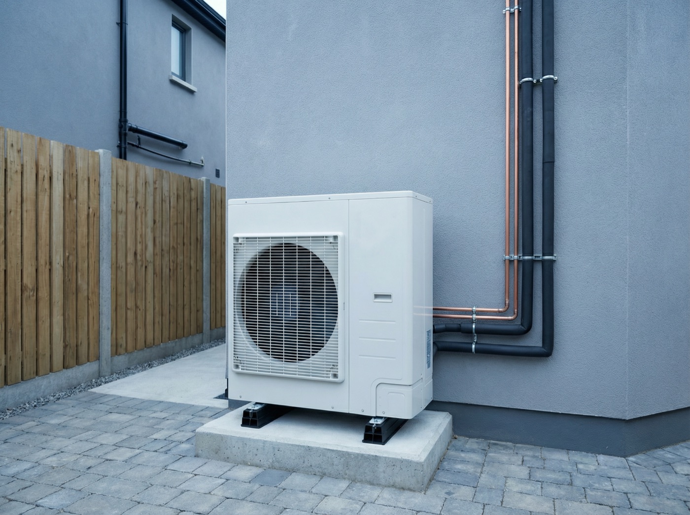 Installed heat pump unit at an Irish home