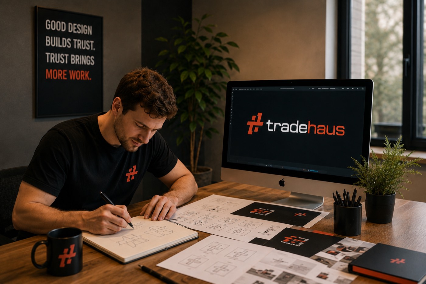 A TradeHaus designer sketching logo concepts at a desk