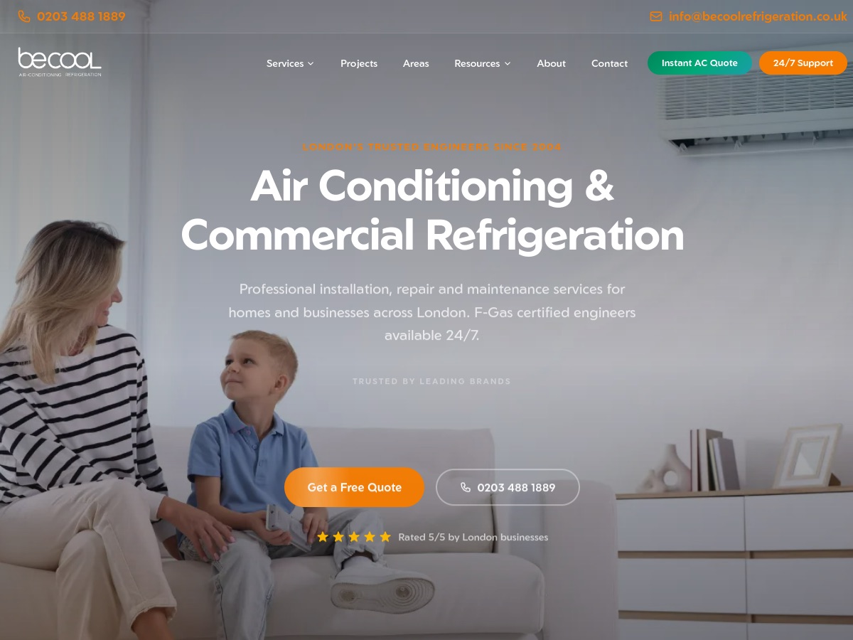 Be Cool Refrigeration website on a desktop monitor