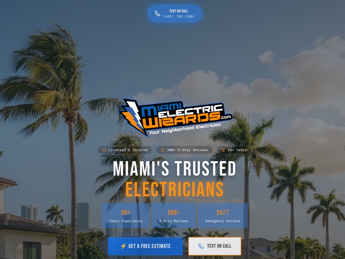 Miami Electric Wizards website on a desktop monitor