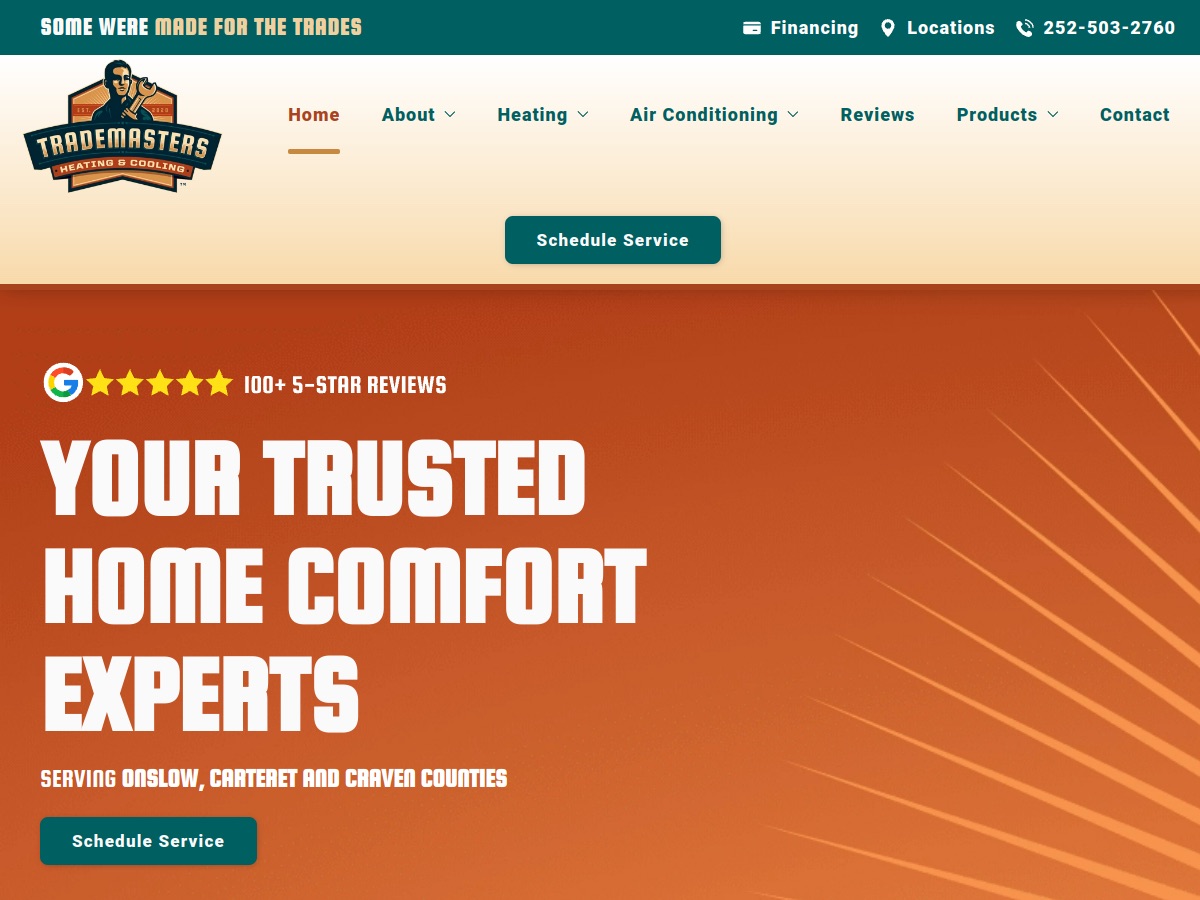 Trademasters Heating & Cooling website on a desktop monitor